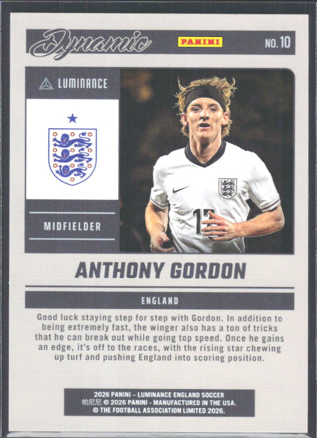 Anthony Gordon – 2026 Panini Luminance England #10 Dynamic – baksida