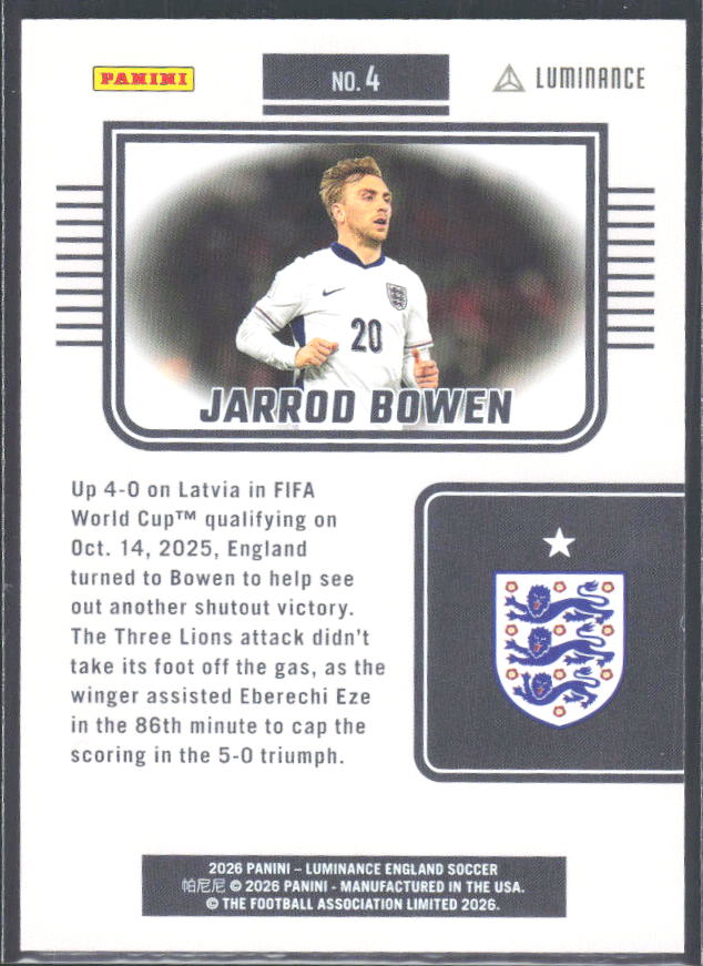 Jarrod Bowen – 2026 Panini Luminance England #4 – baksida