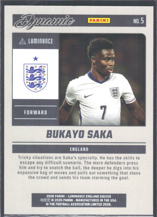 Bukayo Saka – 2026 Panini Luminance England #5 Dynamic – baksida