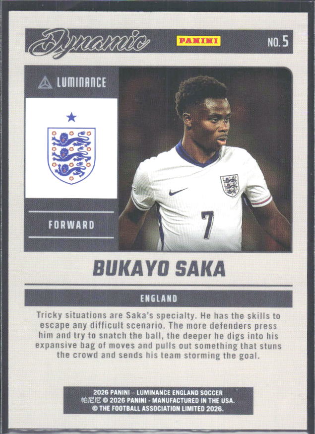 Bukayo Saka – 2026 Panini Luminance England #5 Dynamic – baksida