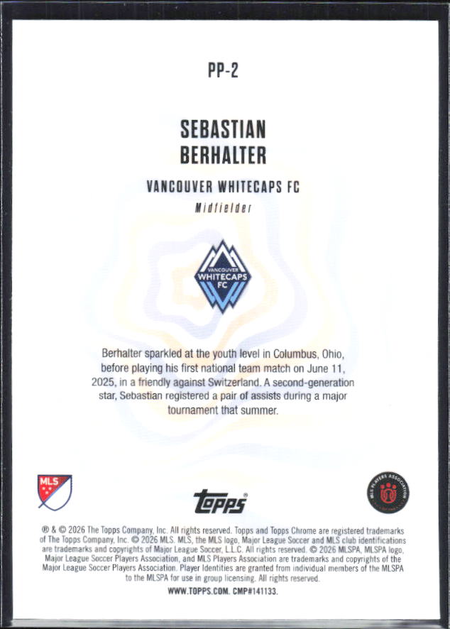 Sebastian Berhalter – 2026 Topps Chrome MLS #PP-2 Patriotic Passion – baksida