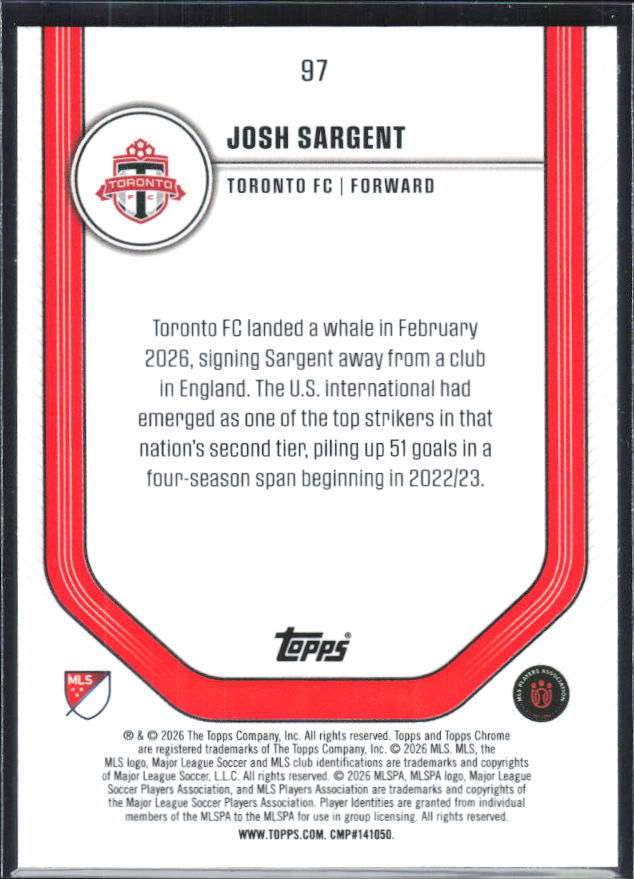 Josh Sargent – 2026 Topps Chrome MLS #97 – baksida