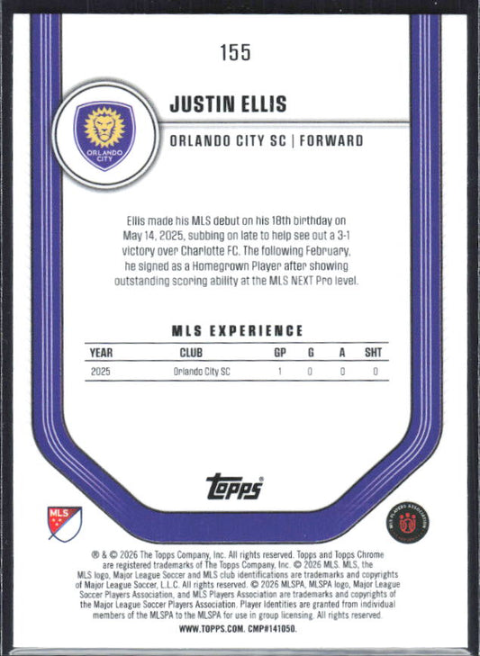 Justin Ellis – 2026 Topps Chrome MLS #155 RC – baksida