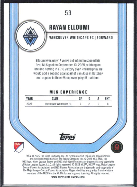 Rayan Elloumi – 2026 Topps Chrome MLS #53 RC – baksida