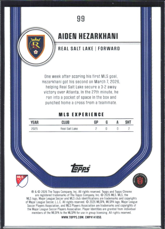 Aiden Hezarkhani – 2026 Topps Chrome MLS #99 RC – baksida