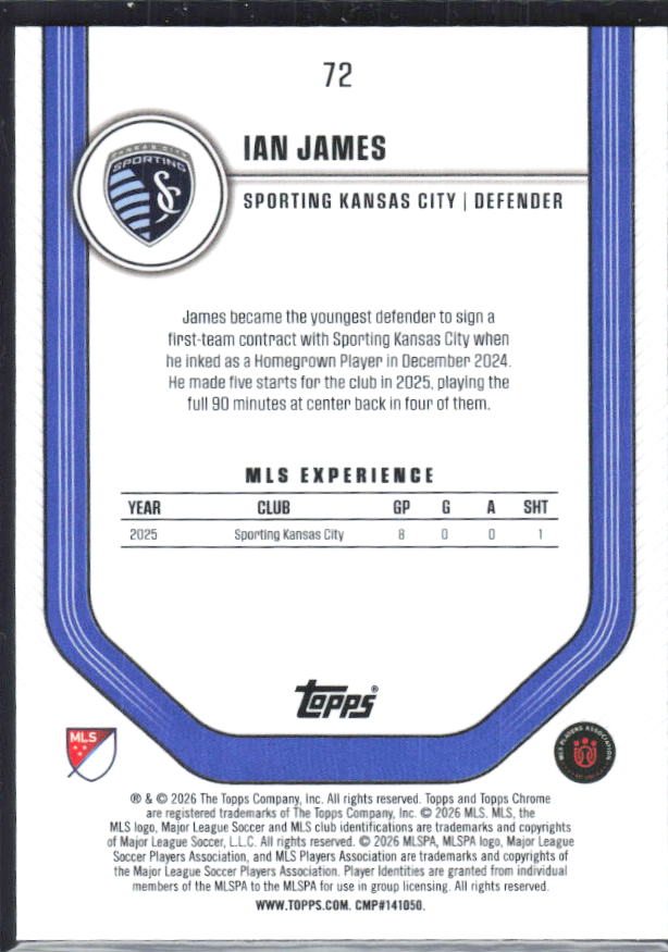 Ian James – 2026 Topps Chrome MLS #72 RC – baksida