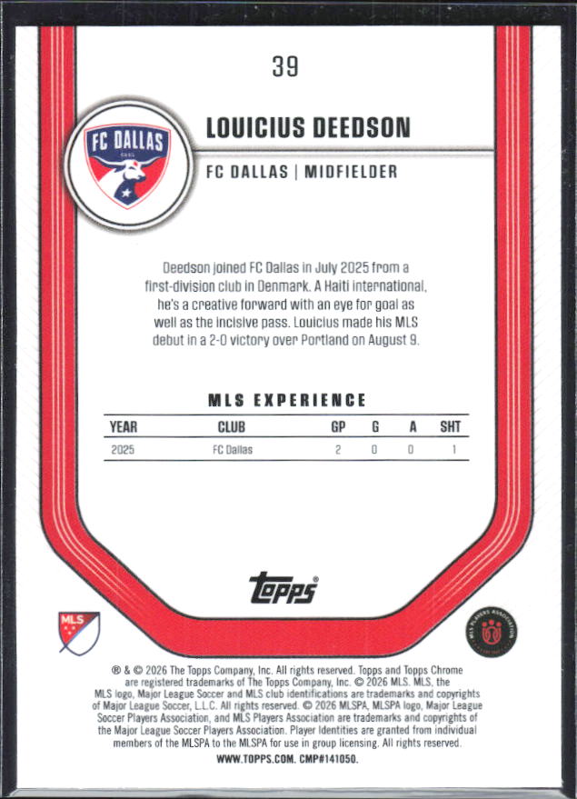 Louicius Deedson – 2026 Topps Chrome MLS #39 RC – baksida