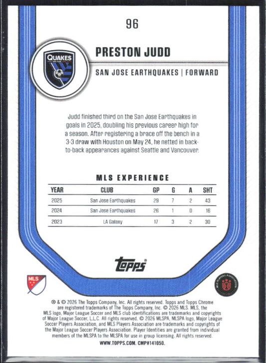 Preston Judd – 2026 Topps Chrome MLS #96 – baksida