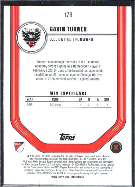 Gavin Turner – 2026 Topps Chrome MLS #178 Aqua Refractor RC 046/199 – baksida