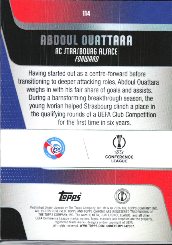 Abdoul Ouattara – 2025-26 Topps Chrome UEFA Club Competitions #114 Purple Geometric Refractor RC 51/75 – baksida