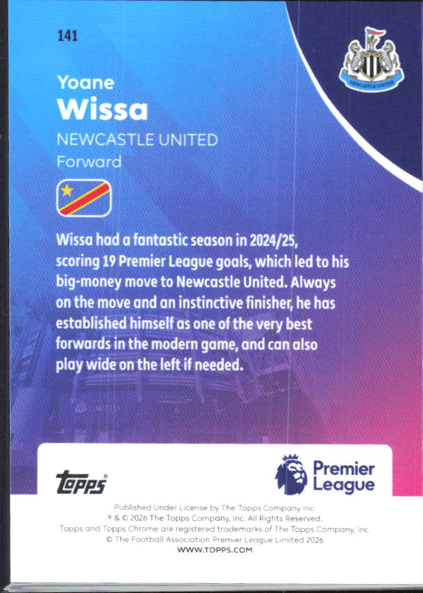 Yoane Wissa – 2025-26 Topps Chrome Premier League #141 Purple Geometric Refractor /75 – baksida