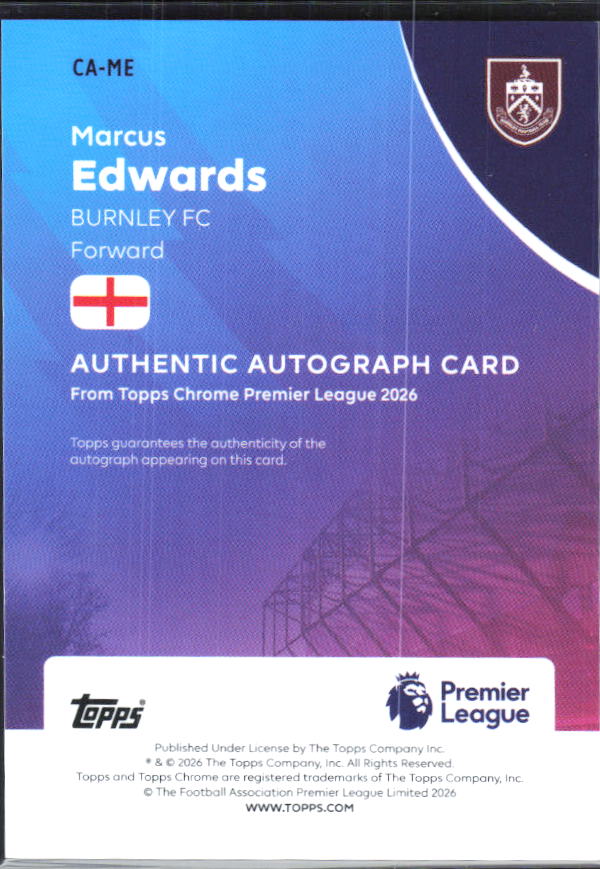 Marcus Edwards – 2025-26 Topps Chrome Premier League #CA-ME Autograph – baksida