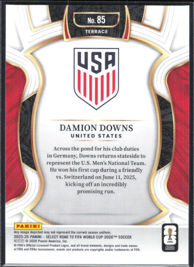 Damion Downs – 2025-26 Panini Select Road to FIFA World Cup #85 Terrace RC – baksida
