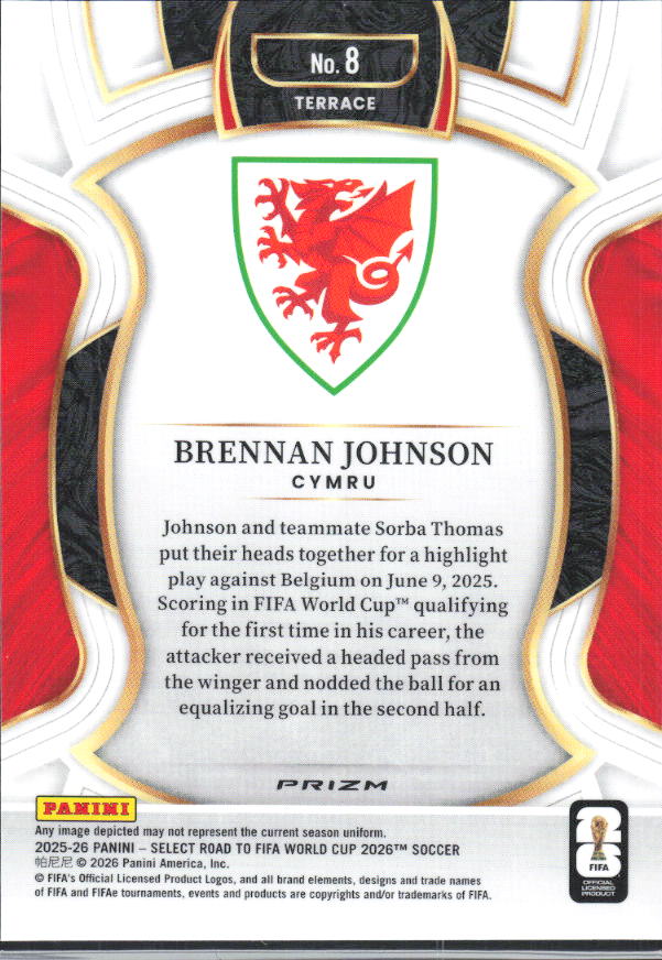 Brennan Johnson – 2025-26 Panini Select Road to FIFA World Cup #8 Terrace Red and Green Flash Prizm – baksida