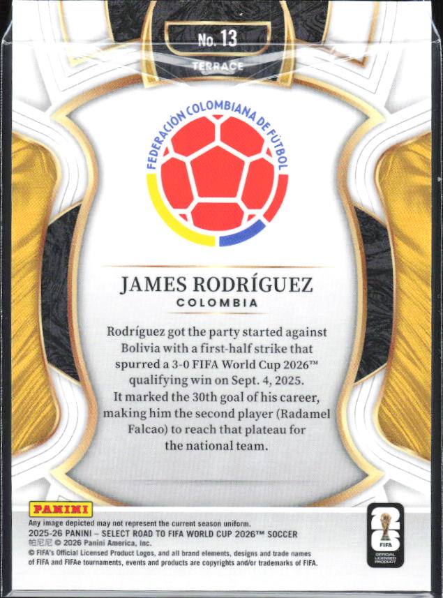 James Rodríguez – 2025-26 Panini Select Road to FIFA World Cup #13 Terrace – baksida