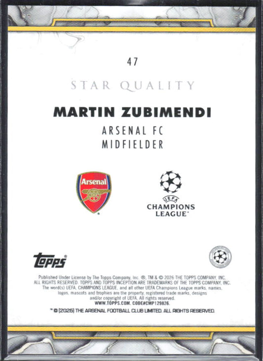 Martín Zubimendi – 2025-26 Topps Inception UEFA Club Competitions #47 Star Quality – baksida