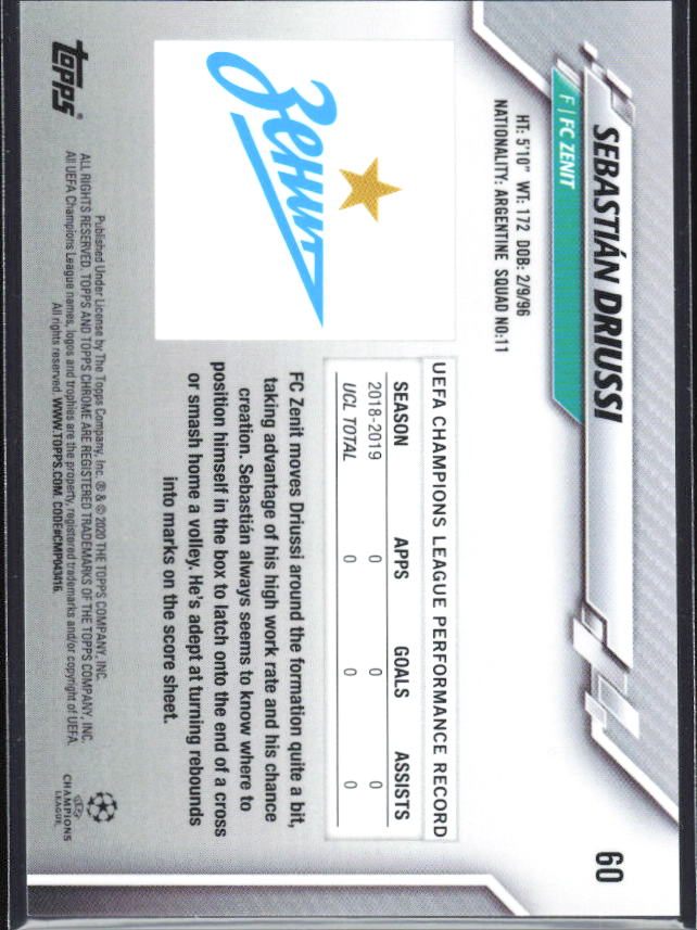 Sebastián Driussi – 2019-20 Topps Chrome UEFA Champions League Sapphire #60 RC – baksida