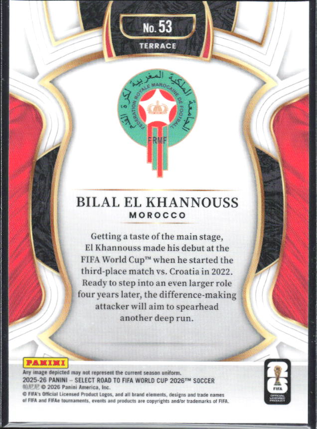 Bilal El Khannouss – 2025-26 Panini Select Road to FIFA World Cup #53 Terrace – baksida