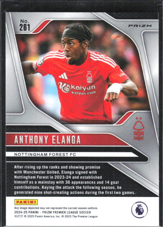 Anthony Elanga – 2024-25 Panini Prizm Premier League #261 Tiger Stripe Choice Prizm – baksida