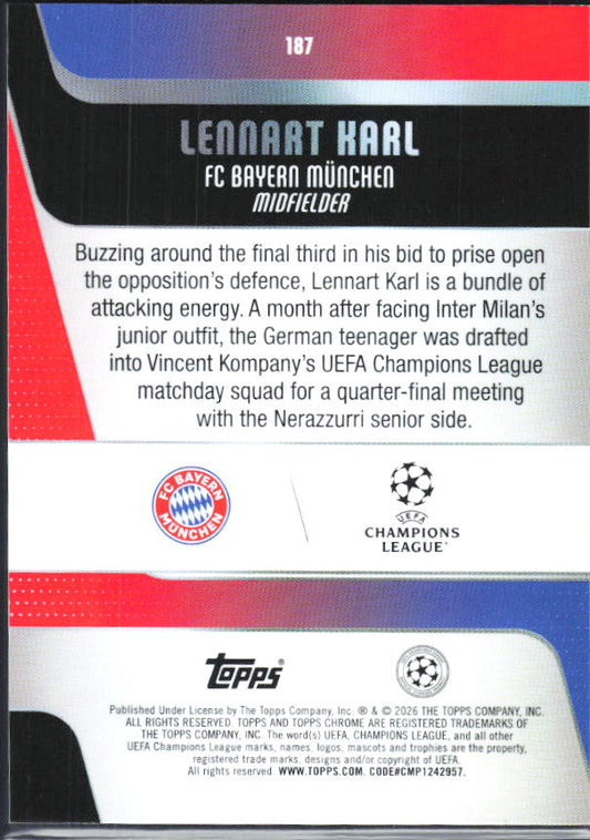 Lennart Karl – 2025-26 Topps Chrome UEFA Club Competitions #187 RC – baksida
