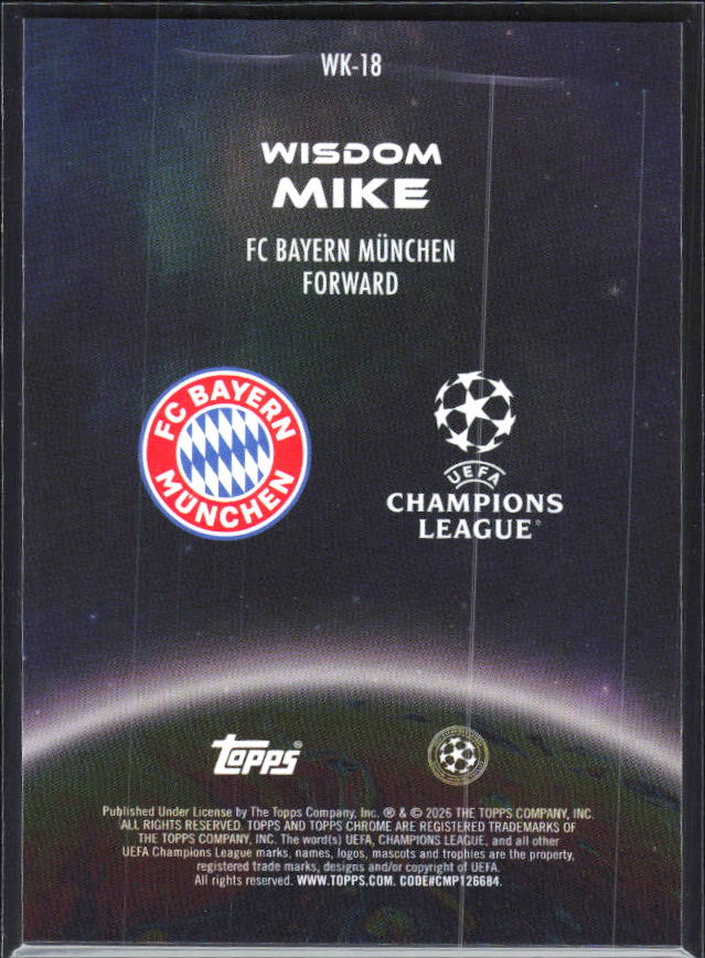 Wisdom Mike – 2025-26 Topps Chrome UEFA Club Competitions #WK-18 Wonderkids RC – baksida