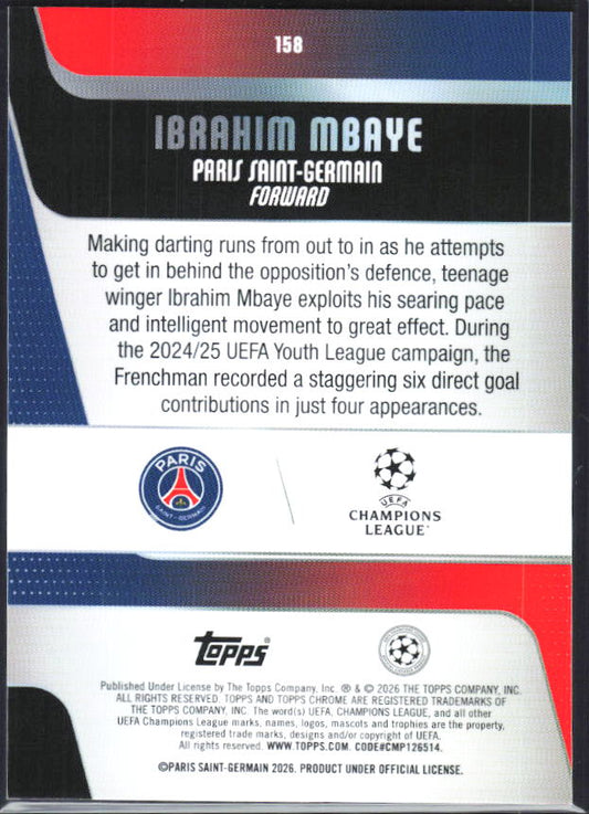 Ibrahim Mbaye – 2025-26 Topps Chrome UEFA Club Competitions #158 Future Stars – baksida