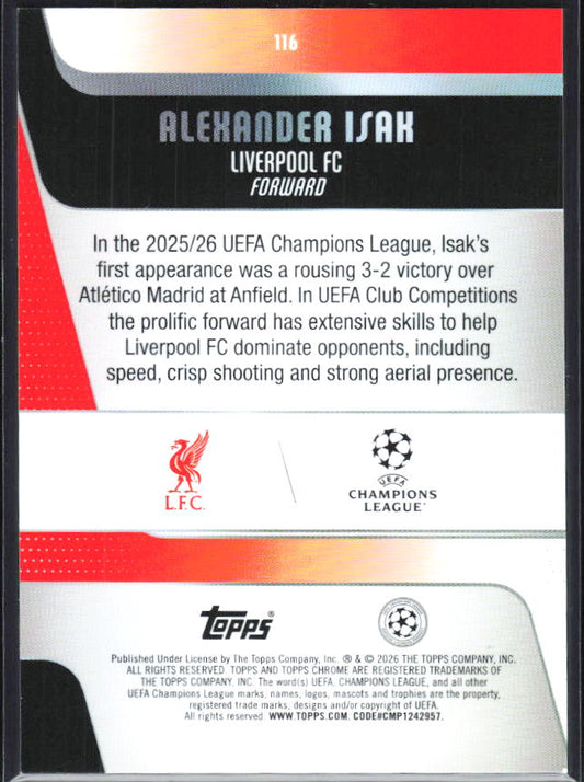 Alexander Isak – 2025-26 Topps Chrome UEFA Club Competitions #116 – baksida