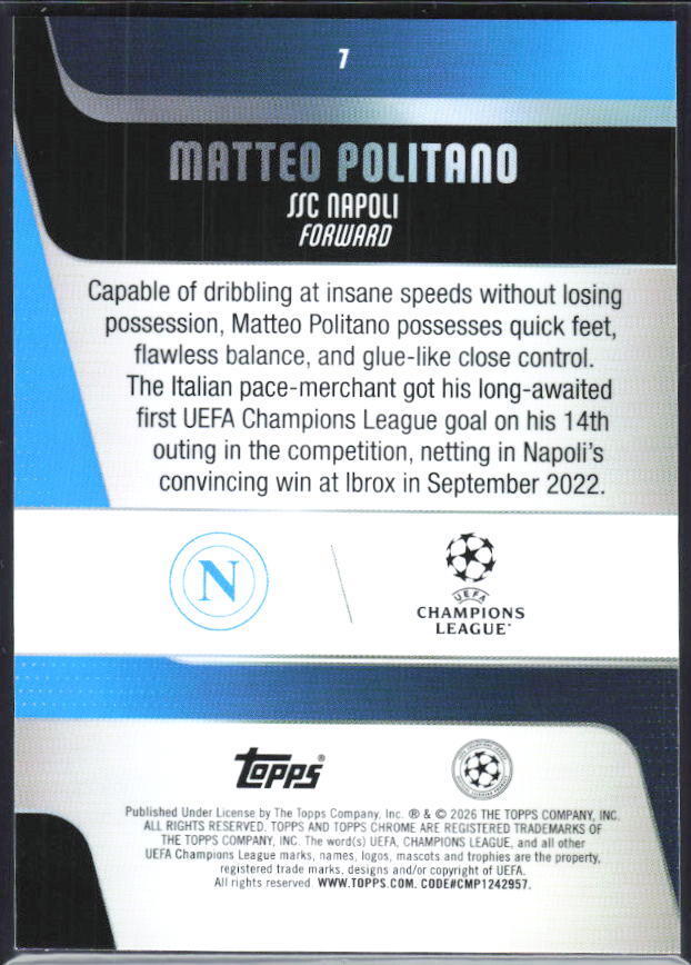 Matteo Politano – 2025-26 Topps Chrome UEFA Club Competitions #7 – baksida