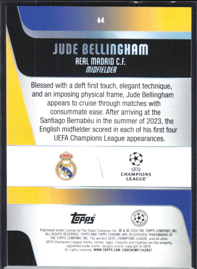 Jude Bellingham – 2025-26 Topps Chrome UEFA Club Competitions #64 – baksida