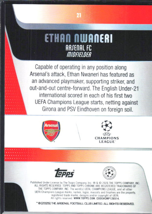 Ethan Nwaneri – 2025-26 Topps Chrome UEFA Club Competitions #21 Future Stars – baksida