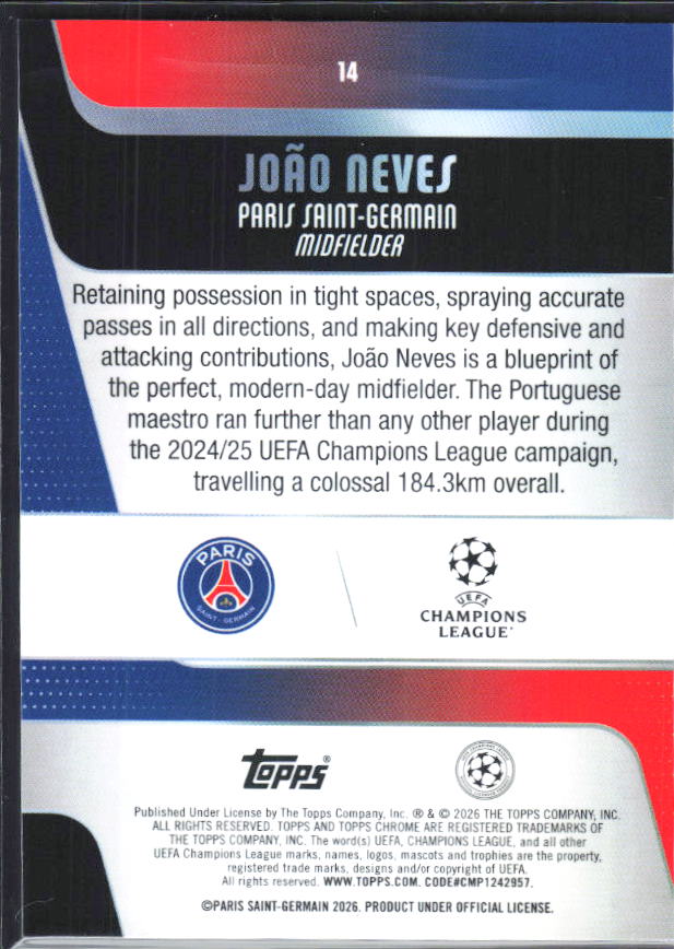 João Neves – 2025-26 Topps Chrome UEFA Club Competitions #14 – baksida