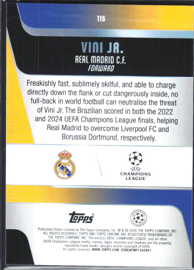 Vini Jr. – 2025-26 Topps Chrome UEFA Club Competitions #115 – baksida