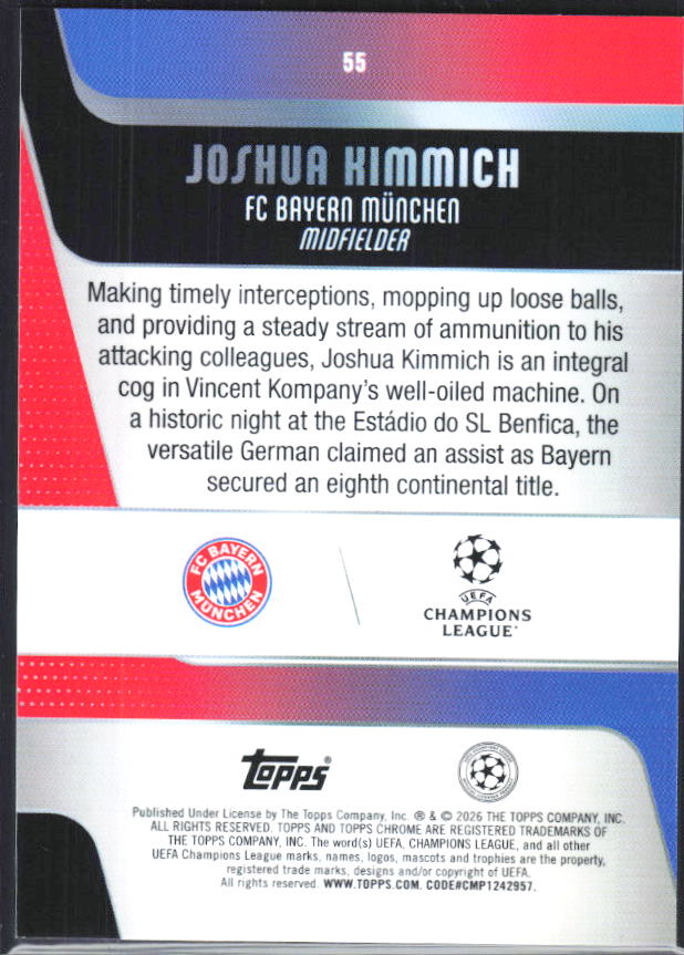 Joshua Kimmich – 2025-26 Topps Chrome UEFA Club Competitions #55 – baksida