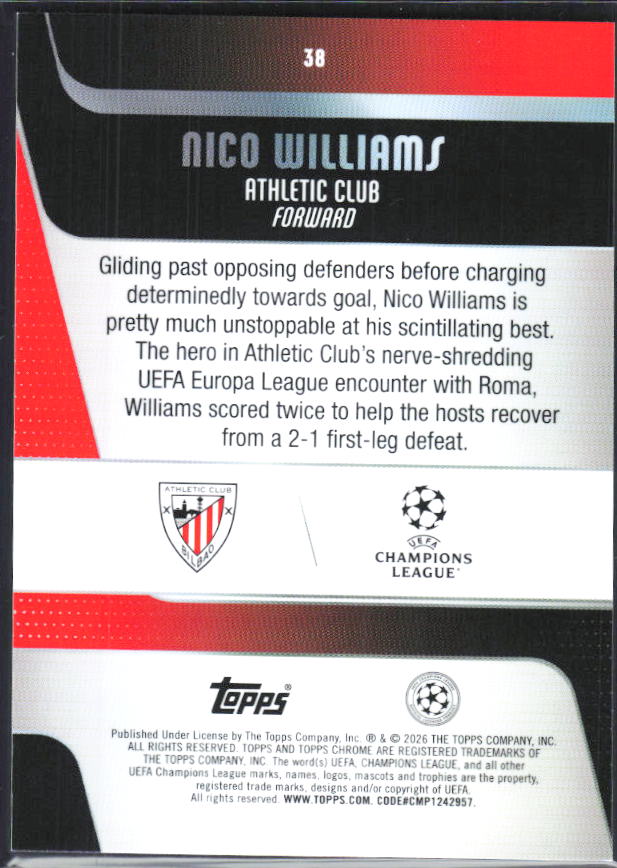 Nico Williams – 2025-26 Topps Chrome UEFA Club Competitions #38 – baksida