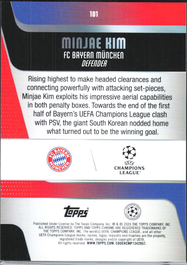 Min-Jae Kim – 2025-26 Topps Chrome UEFA Club Competitions #101 – baksida