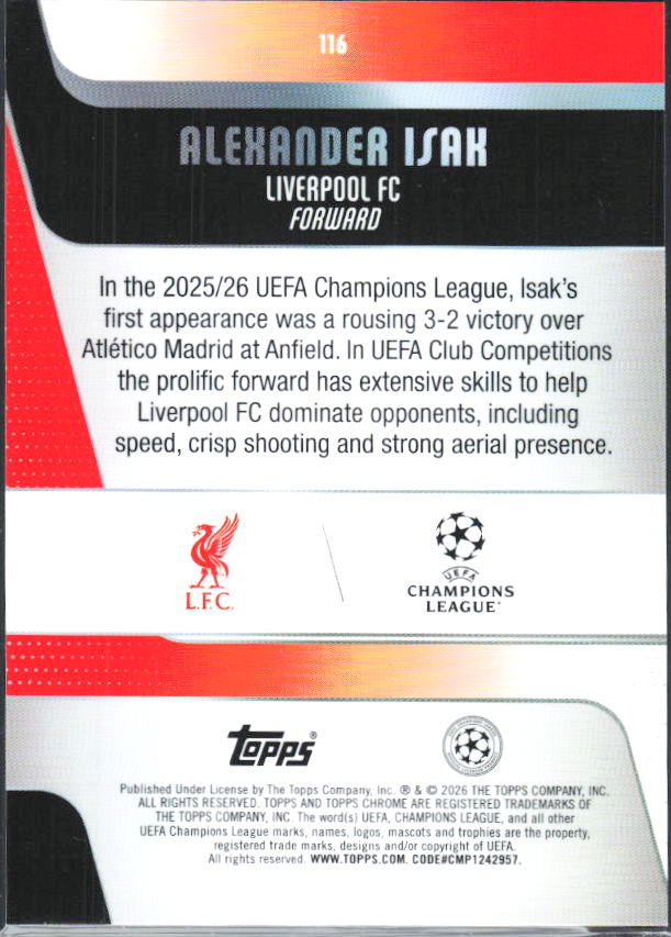 Alexander Isak – 2025-26 Topps Chrome UEFA Club Competitions #116 – baksida