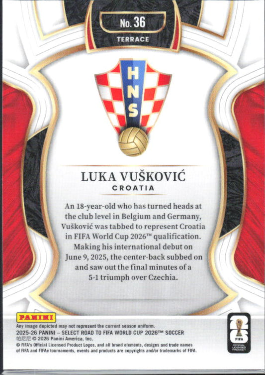 Luka Vušković – 2025-26 Panini Select Road to FIFA World Cup #36 Terrace RC – baksida