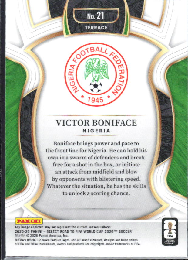Victor Boniface – 2025-26 Panini Select Road to FIFA World Cup #21 Terrace – baksida