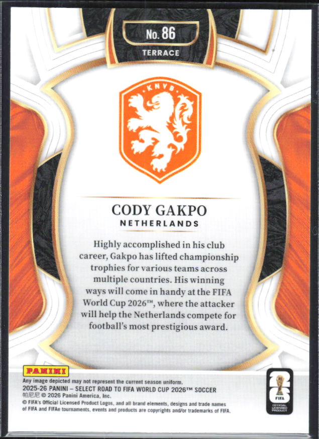 Cody Gakpo – 2025-26 Panini Select Road to FIFA World Cup #86 Terrace – baksida