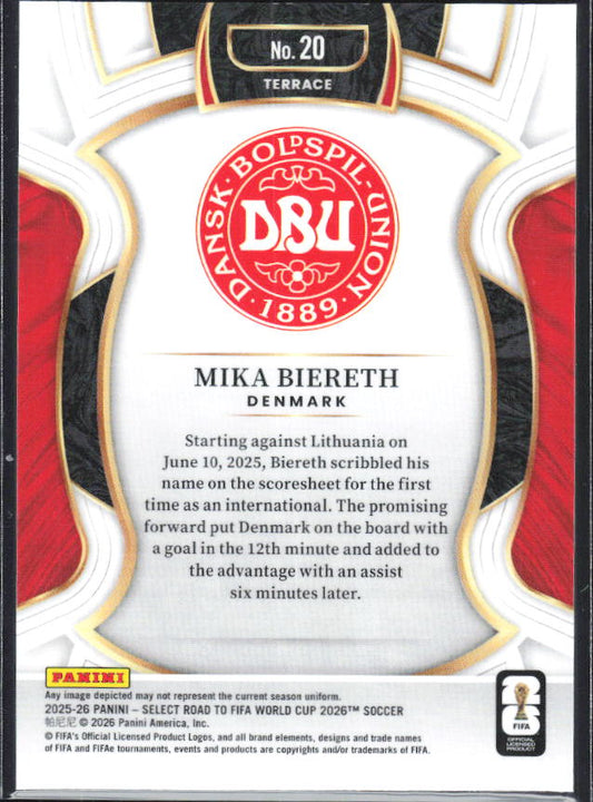 Mika Biereth – 2025-26 Panini Select Road to FIFA World Cup #20 Terrace RC – baksida