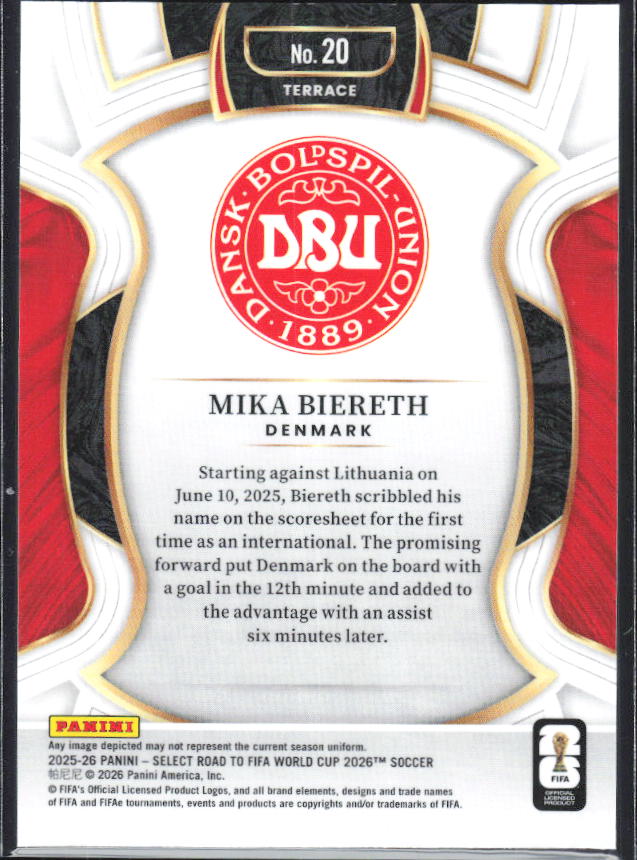 Mika Biereth – 2025-26 Panini Select Road to FIFA World Cup #20 Terrace RC – baksida