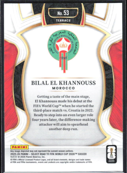 Bilal El Khannouss – 2025-26 Panini Select Road to FIFA World Cup #53 Terrace – baksida