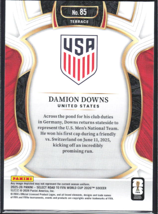 Damion Downs – 2025-26 Panini Select Road to FIFA World Cup #85 Terrace RC – baksida