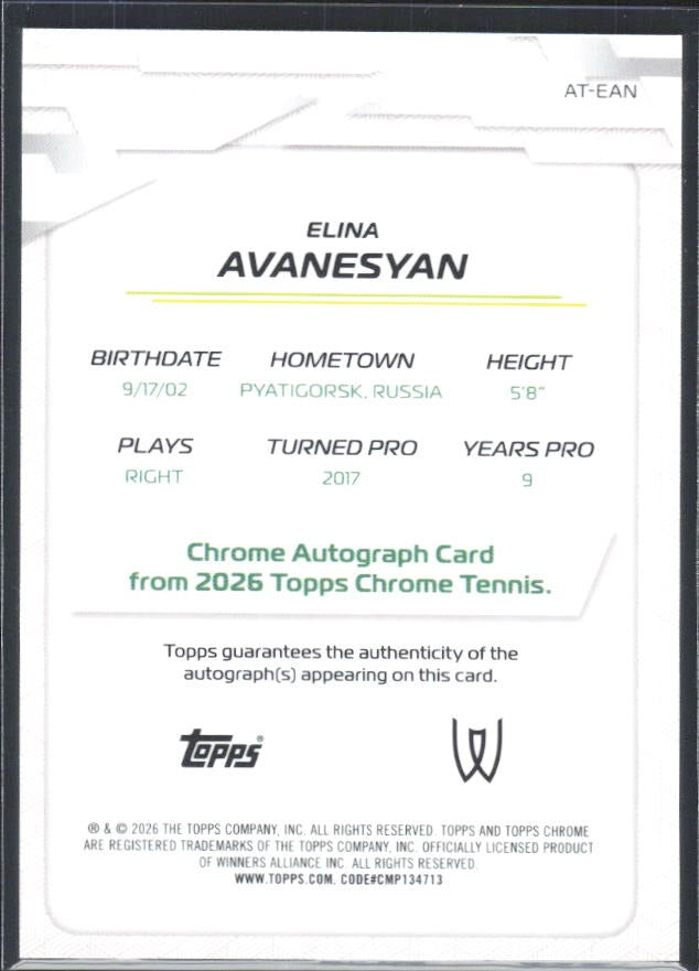 2026 Topps Chrome Tennis Elina Avanesyan Auto Geometric Refractor #AT-EAN – baksida