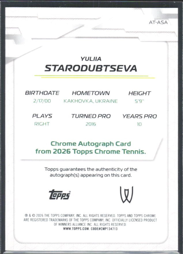 2026 Topps Chrome Tennis Yuliia Starodubtseva RC Auto Geometric Refractor #AT-ASA – baksida