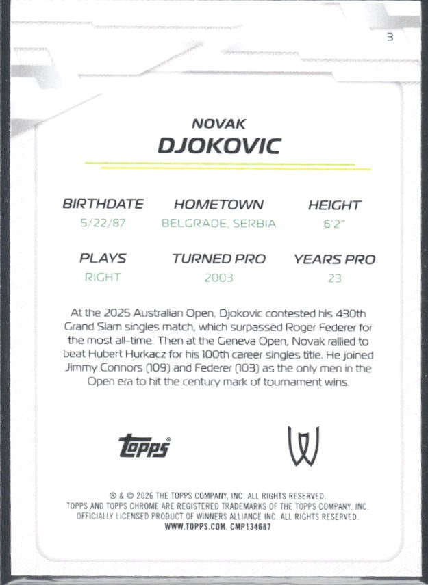 2026 Topps Chrome Tennis Novak Djokovic Geometric Refractor #3 – baksida