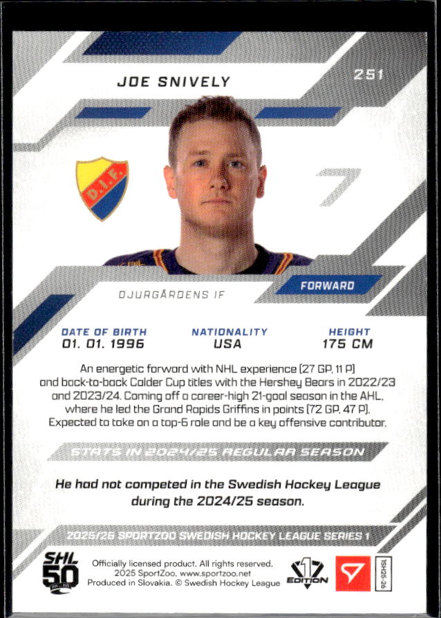 2025-26 SportZoo SHL Series 1 #251 Joe Snively Pink