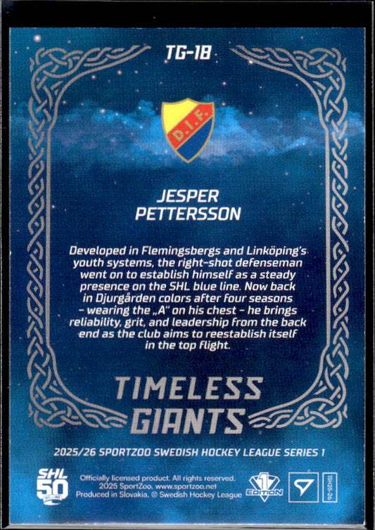 2025-26 SportZoo SHL Series 1 #TG-18 Jesper Pettersson Timeless Giants