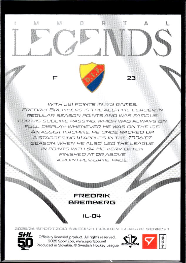 2025-26 SportZoo SHL Series 1 #IL-04 Fredrik Bremberg Immortal Legends