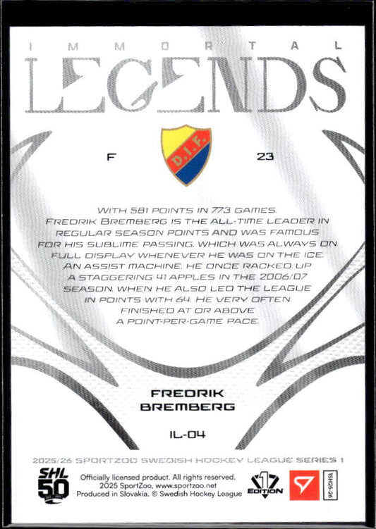 2025-26 SportZoo SHL Series 1 #IL-04 Fredrik Bremberg Immortal Legends